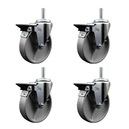 Service Caster 5 Inch Semi Steel Wheel Swivel 58 Inch Threaded Stem Caster Set with Brake SCC SCC-TS20S514-SSS-PLB-58212-4